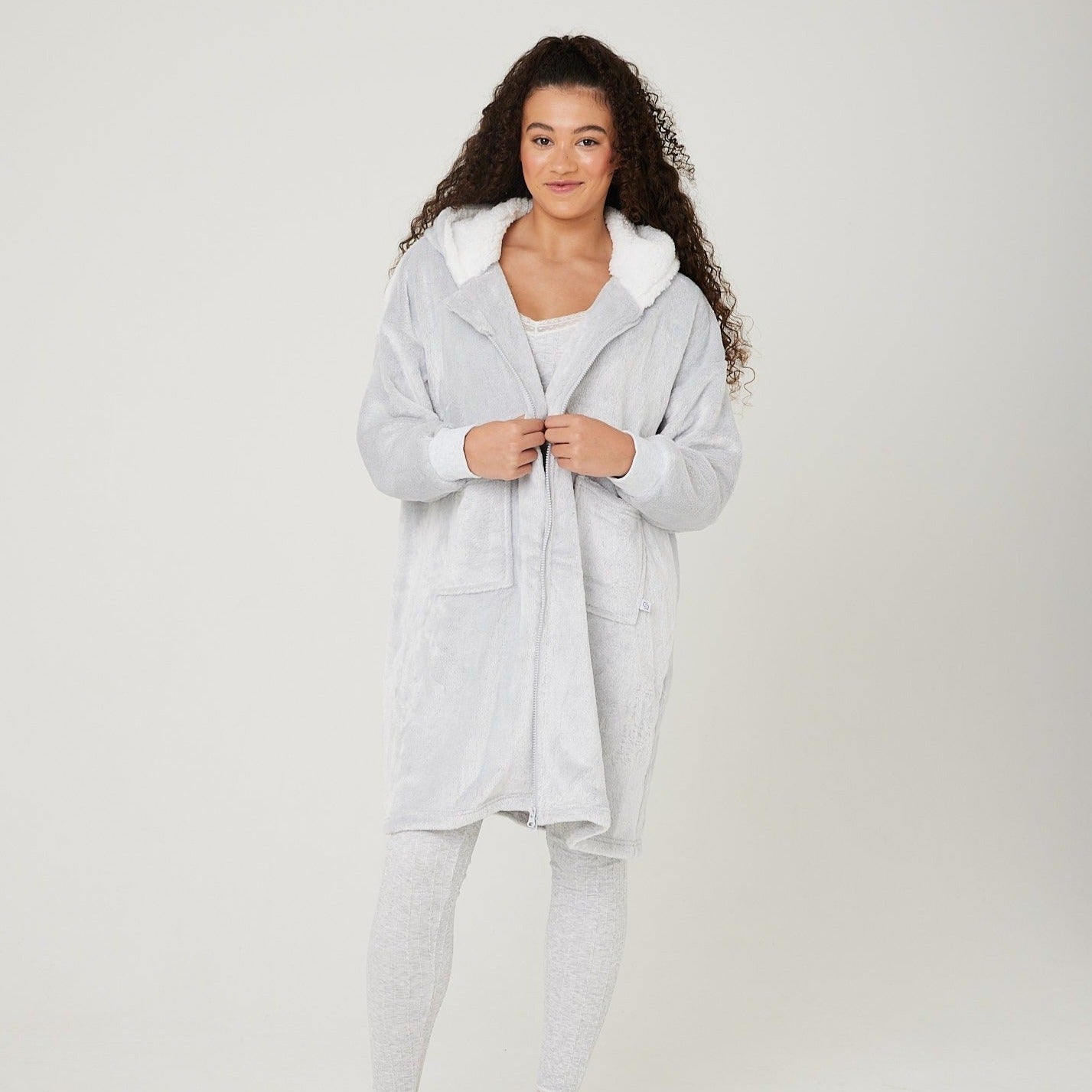 Grey and white fluffy dressing clearance gown