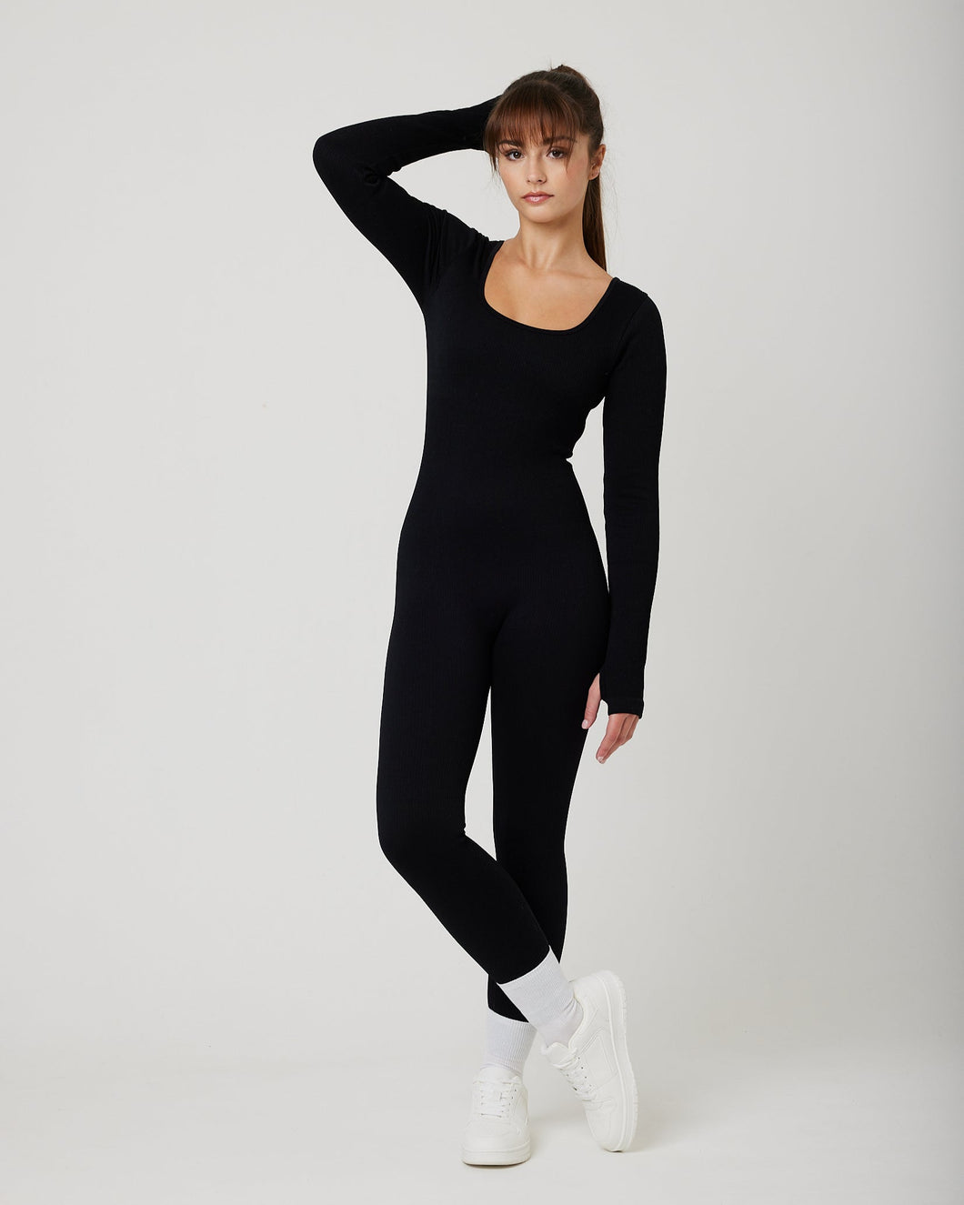 Snuggz Fit Ribbed Long Sleeve Black Seamless Jumpsuit